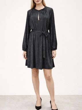 NWT Eloquii Metallic Black Silver Shimmer Belted Midi Dress Women’s Size 22/24